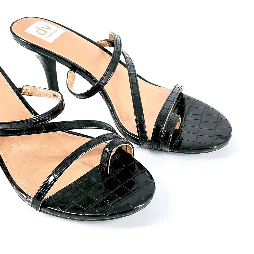 Dolce Vita Size 8.5 Black Croc‎ Print Strappy Stiletto Heels Toe NEW Carlota $79